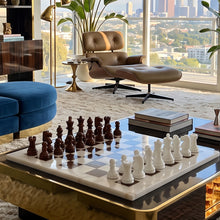 Load image into Gallery viewer, 1970s Gorgeous Brown and White Chess Set in Volterra Alabaster Handmade. Made in Italy Madinteriorart by Maden