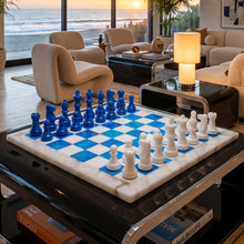 Load image into Gallery viewer, 1970s Gorgeous Sky Blue and White Chess Set in Volterra Alabaster Handmade. Made in Italy Madinteriorart by Maden