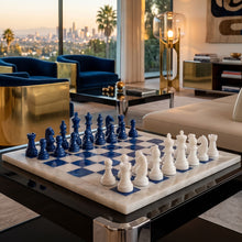 Load image into Gallery viewer, Vintage 1970s Italian Volterra Alabaster Chess Set - Cobalt Blue & White Madinteriorart by Maden