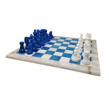Load image into Gallery viewer, 1970s Gorgeous Blue and White Chess Set in Volterra Alabaster Handmade. Made in Italy Madinteriorart by Maden