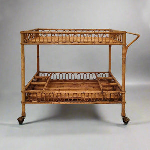 1960s Gorgeous Bamboo & Rattan Serving Bar Cart Trolley by Franco Albini. Made in Italy Madinteriorart by Maden