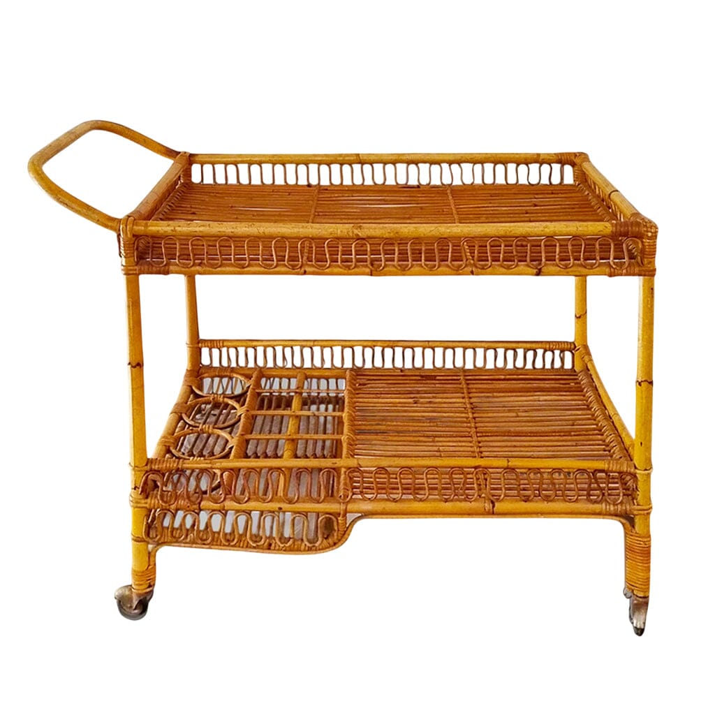 1960s Gorgeous Bamboo & Rattan Serving Bar Cart Trolley by Franco Albini. Madinteriorart by Maden