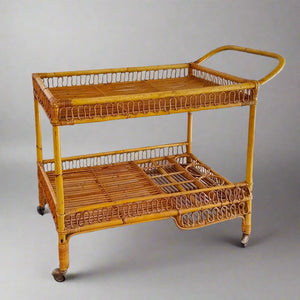 1960s Gorgeous Bamboo & Rattan Serving Bar Cart Trolley by Franco Albini. Madinteriorart by Maden