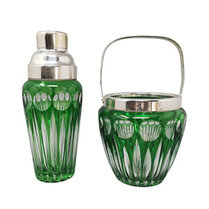 1960s Gorgeous Green Bohemian Cut Crystal Glass Cocktail Shaker With Ice Bucket. Made in Italy Madinteriorart by Maden