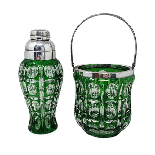 1960s Gorgeous Green Bohemian Cut Crystal Glass Cocktail Shaker With Ice Bucket. Made in Italy Madinteriorart by Maden