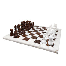 Load image into Gallery viewer, 1970s Gorgeous Brown and White Chess Set in Volterra Alabaster Handmade. Made in Italy Madinteriorart by Maden
