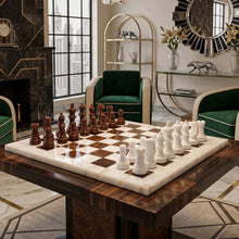 Load image into Gallery viewer, 1970s Gorgeous Brown and White Chess Set in Volterra Alabaster Handmade. Made in Italy Madinteriorart by Maden

