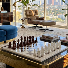 Load image into Gallery viewer, 1970s Gorgeous Brown and White Chess Set in Volterra Alabaster Handmade. Made in Italy Madinteriorart by Maden
