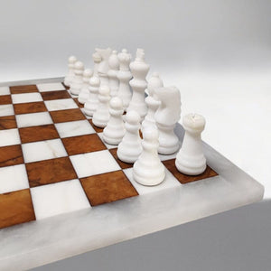 1970s Gorgeous Brown and White Chess Set in Volterra Alabaster Handmade Made in Italy Madinteriorart by Maden