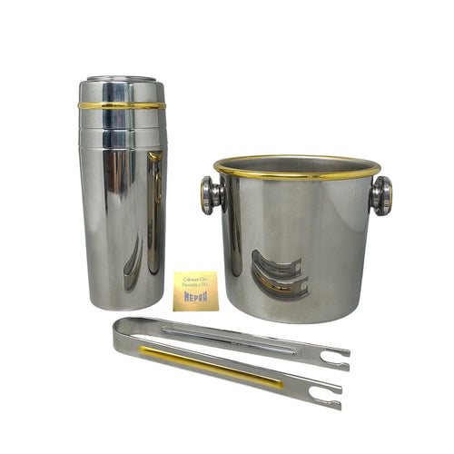 1970s Gorgeous Cocktail Shaker in Gold 24K and Stainless Steel With Ice Bucket by Mepra. Made in Italy Madinteriorart by Maden