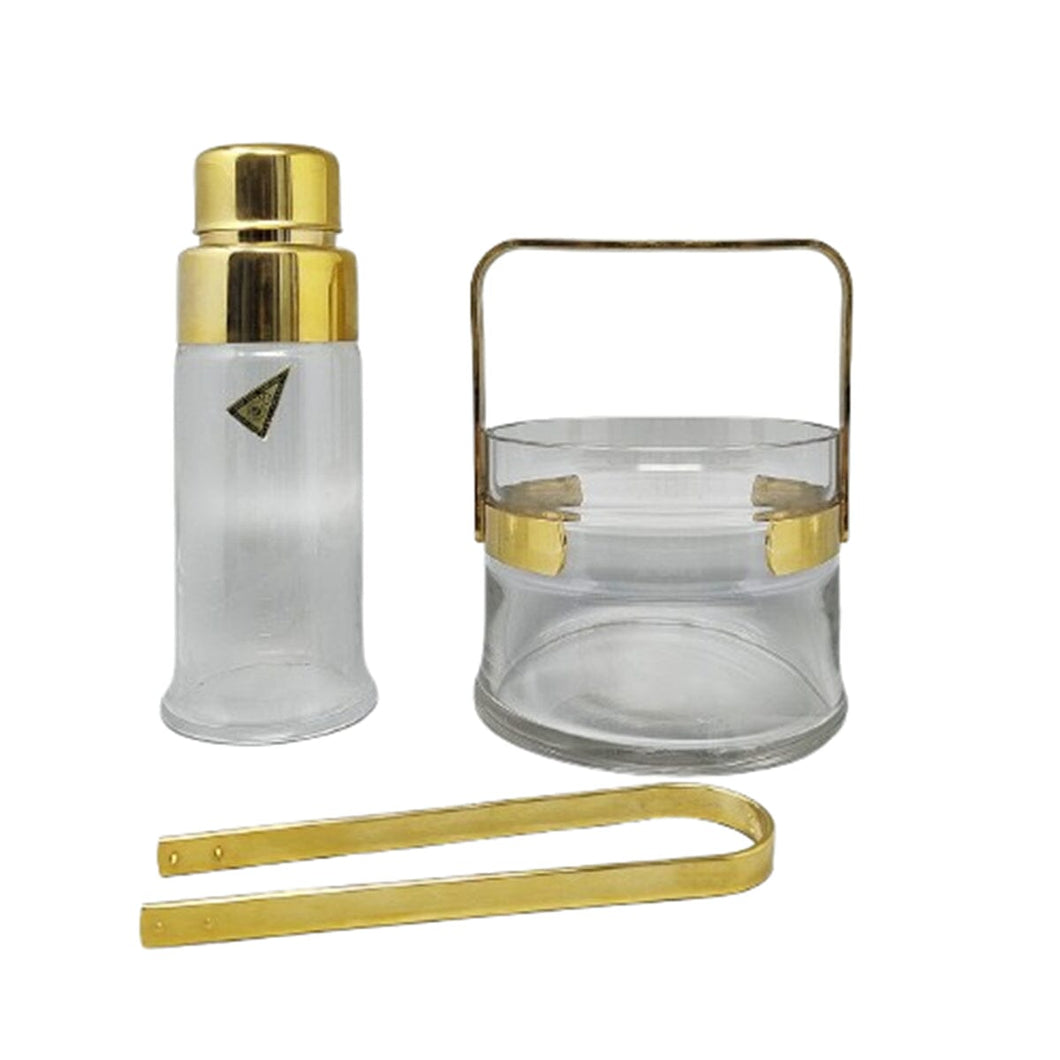 1970s Gorgeous Cocktail Shaker With Ice Bucket by Dorval in Gold plate 24K and Crystal. Made in Italy Madinteriorart by Maden