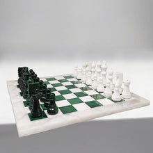 Load image into Gallery viewer, 1970s Gorgeous Green and White Chess Set in Volterra Alabaster Handmade Made in Italy Madinteriorart by Maden
