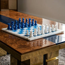 Load image into Gallery viewer, 1970s Gorgeous Sky Blue and White Chess Set in Volterra Alabaster Handmade. Made in Italy Madinteriorart by Maden
