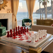 Load image into Gallery viewer, 1970s Italian Volterra Alabaster Chess Set – Rare in Red &amp; White. Made in Italy Madinteriorart by Maden
