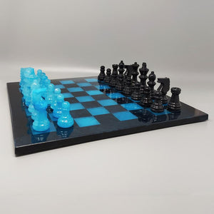1970s Astonishing Blue and Black Chess Set in Volterra Alabaster Handmade. Made in Italy Madinteriorart by Maden