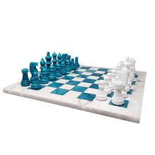 Load image into Gallery viewer, 1970s Gorgeous Turquoise and White Chess Set in Volterra Alabaster Handmade Made in Italy Madinteriorart by Maden
