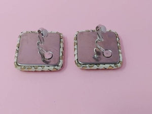 1980s Vintage Leather Square Gold and White Clip On Earrings Madinteriorartshop by Maden