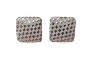 1980s Vintage Leather Square Gold and White Clip On Earrings Madinteriorartshop by Maden