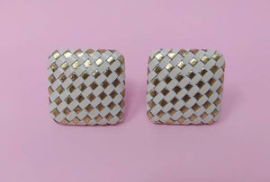 1980s Vintage Leather Square Gold and White Clip On Earrings Madinteriorartshop by Maden